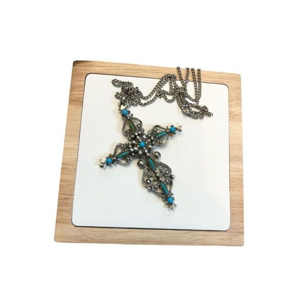 Signed Roma Cross Pendant Necklace Petit Point Faux Turquoise Christian Vintage - Picture 1 of 10